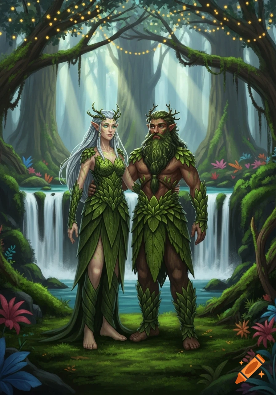 Fantasy illustration of a male and female forest elf with leaf armor and antlers standing in a lush, illuminated forest with waterfalls.