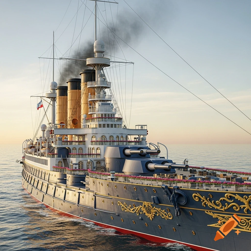 Photorealistic rendering of a majestic French pre-dreadnought battleship with ornate gold detailing, sailing on calm waters.