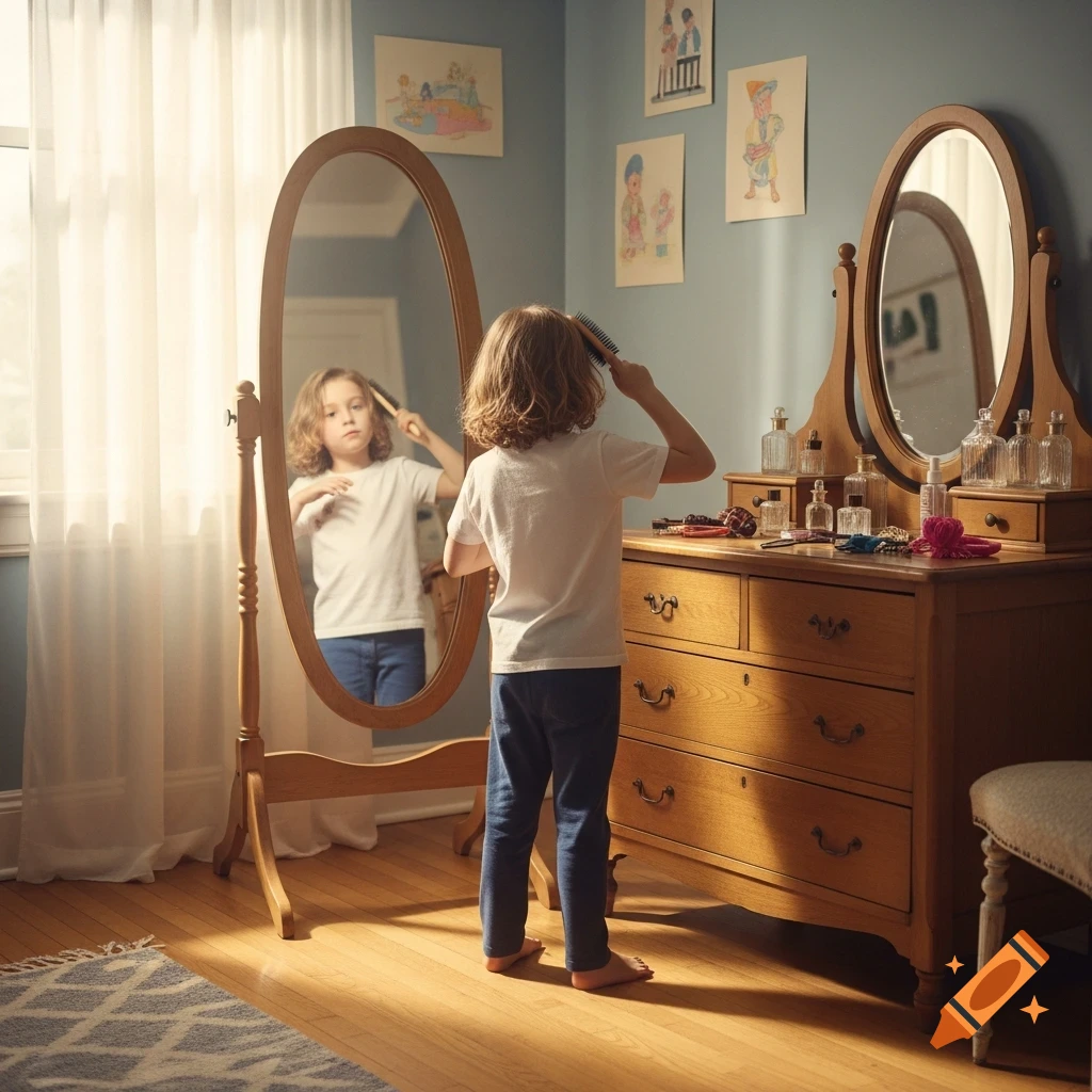 A young child brushes their long hair while looking into an oval mirror in a sunlit room. A vanity with a mirror is to the right.
