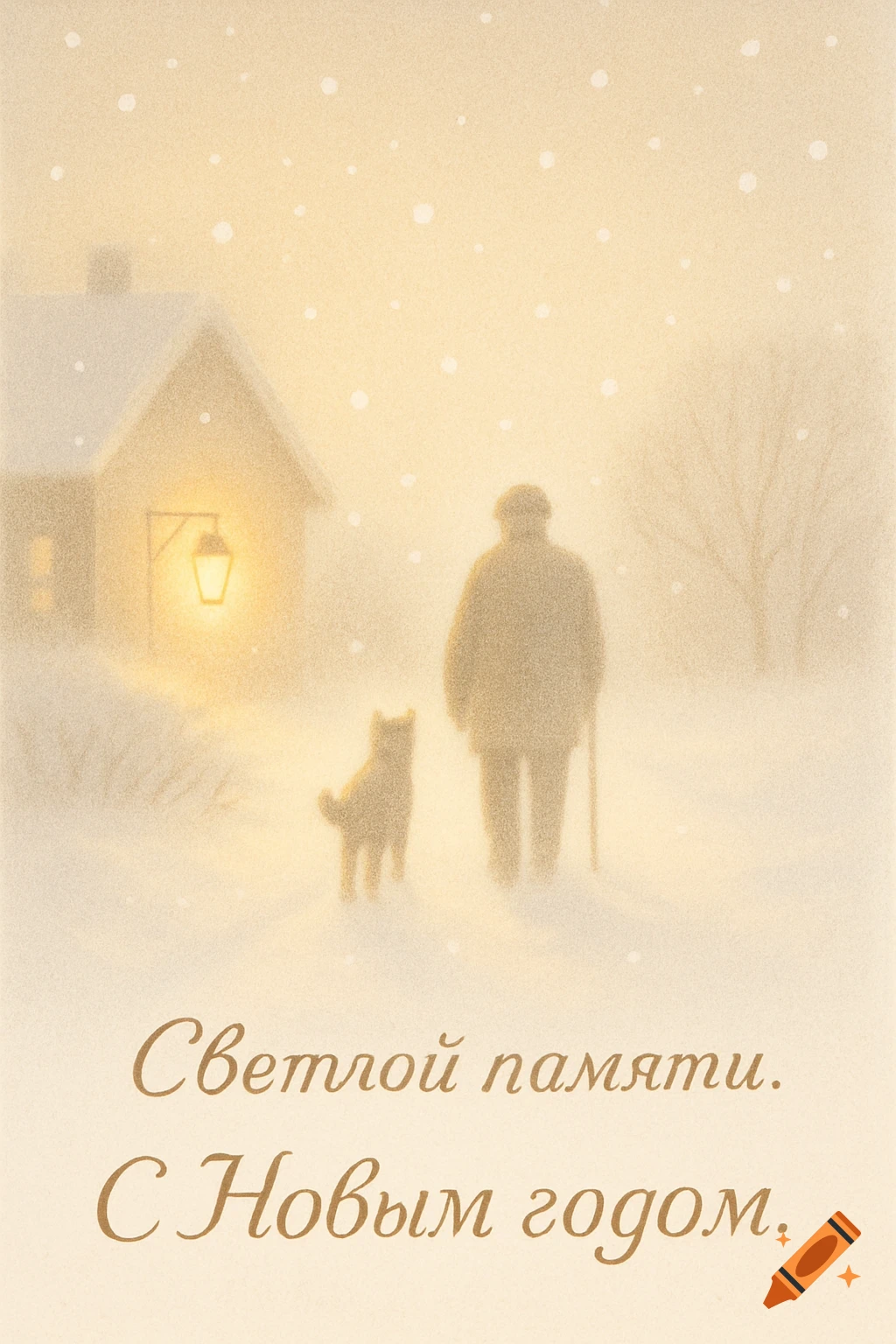 A peaceful winter illustration of an old man and a dog walking in soft snow, with a house and a glowing lantern. Russian text reads 'Светлой памяти. С Новым годом.'