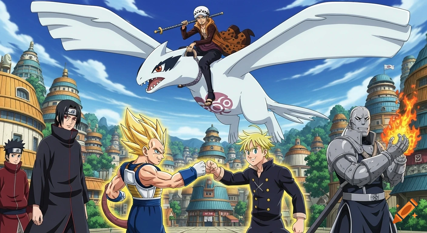 A vibrant anime crossover scene featuring Trafalgar Law riding Lugia, Vegeta and Escanor fist-bumping, Itachi Uchiha, and Alphonse Elric in a Konohagakure village setting.