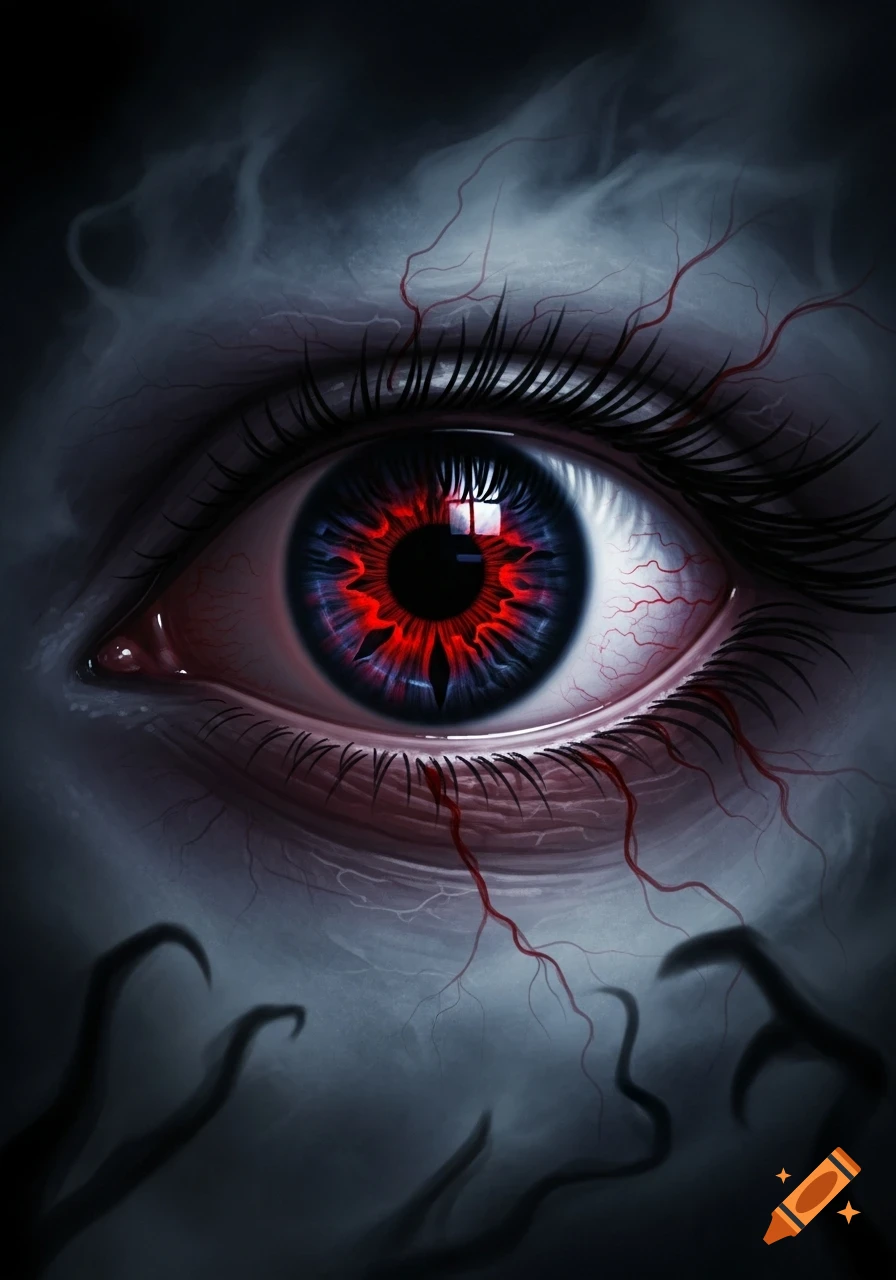 A detailed, creepy eye with a glowing red and blue jagged iris, surrounded by prominent red veins on a dark, smoky background with shadowy tendrils.
