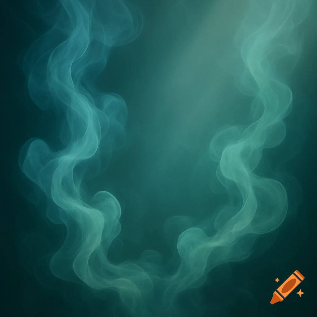 Abstract background of swirling translucent cyan and light green smoke against a dark teal gradient.