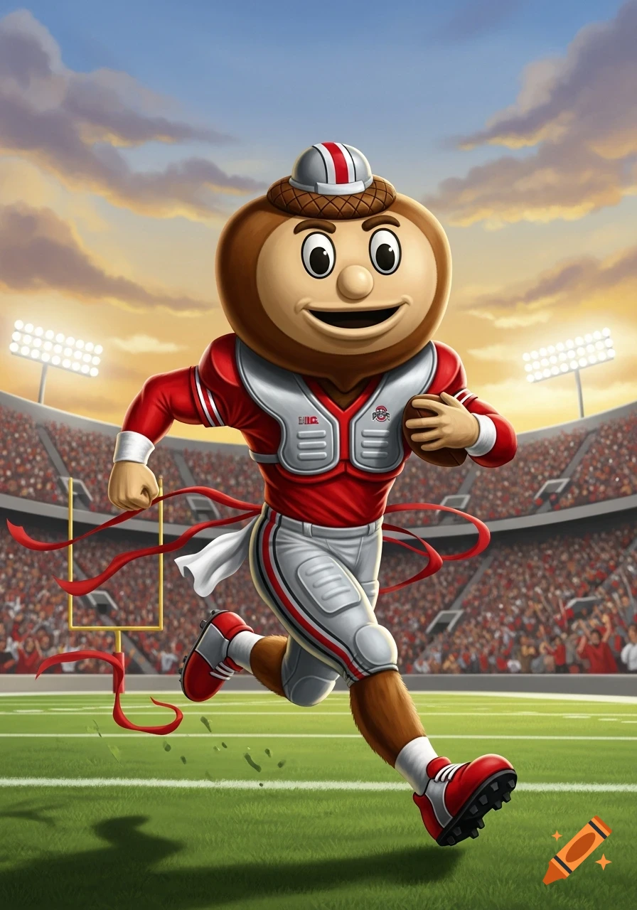 The Ohio State Buckeyes mascot, Brutus Buckeye, in football pads, runs on a stadium field at sunset, scoring a touchdown.