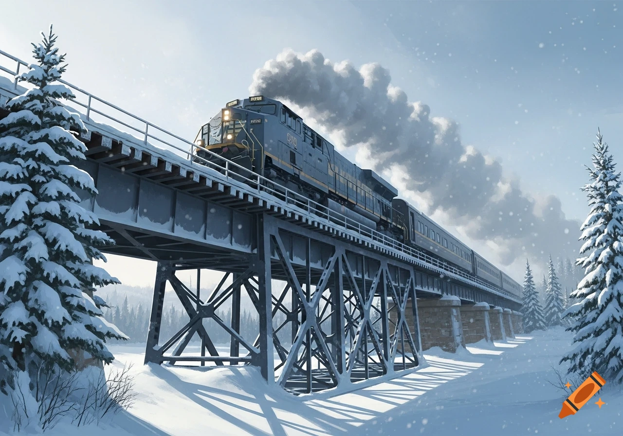 A diesel locomotive crosses a snow-covered bridge through a winter landscape with pine trees.