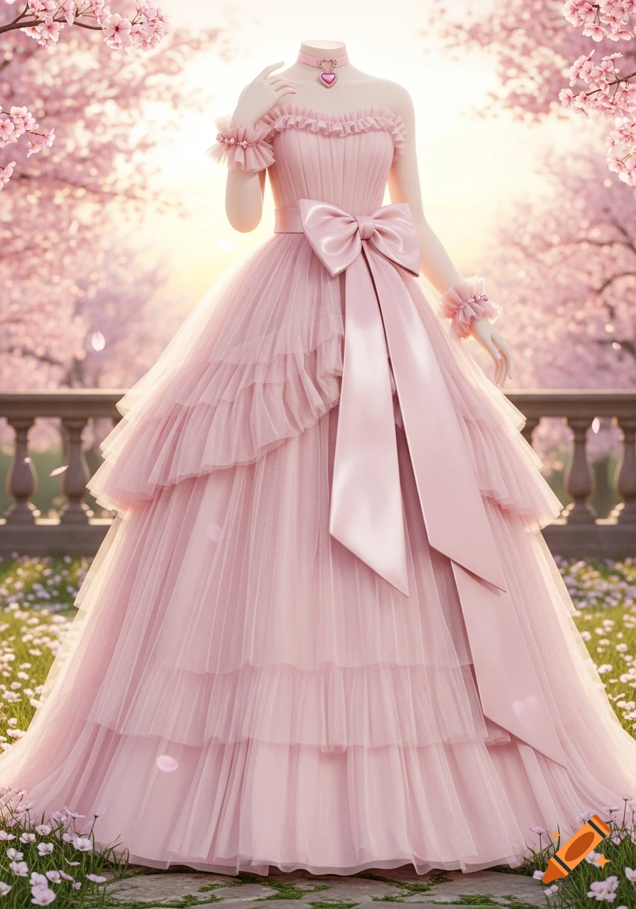A long, pink ruffled gown with a large bow, pink heart choker, and ruffled bracelets on a headless mannequin in a sunny cherry blossom garden.