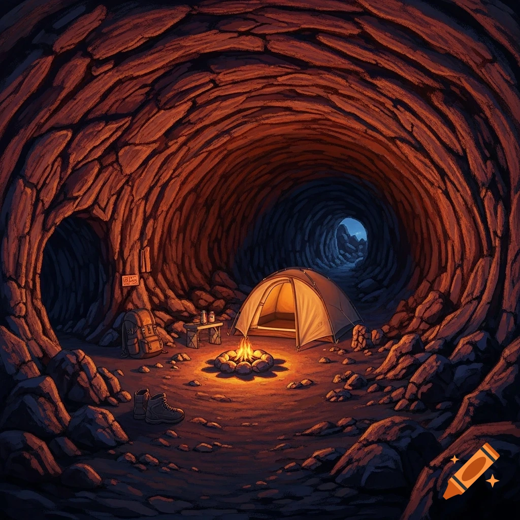 Illustrative camping scene inside a red-hued lava tube cave, with a tent, campfire, and backpack.