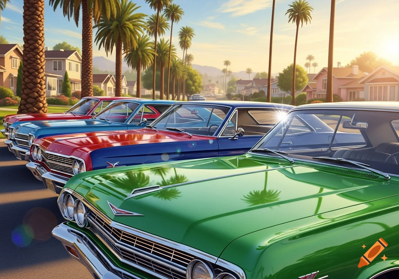 A row of colorful classic American cars parked along a sunny, palm-lined street with houses in the background.