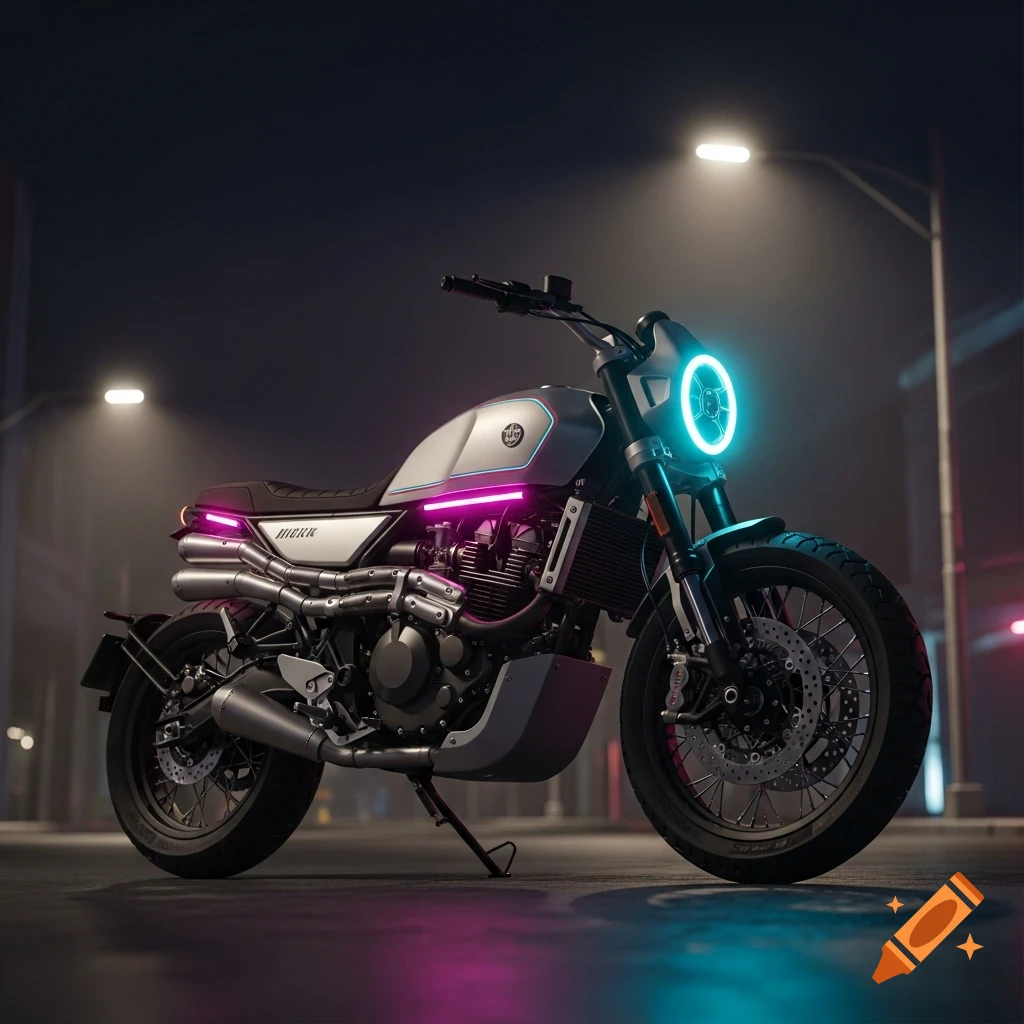 Sleek silver adventure motorcycle with neon pink and blue lights on a dark urban street at night.