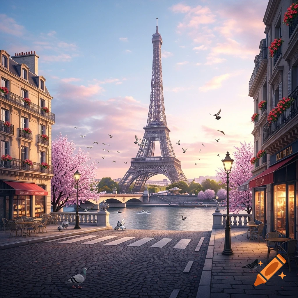 A picturesque street in Paris with the Eiffel Tower in the distance, cherry blossoms, and pigeons by the Seine river at sunset.
