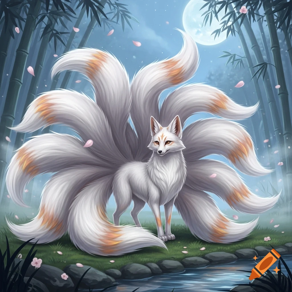 A majestic white nine-tailed kitsune with orange markings stands by a stream in a moonlit bamboo forest with falling pink cherry blossoms.