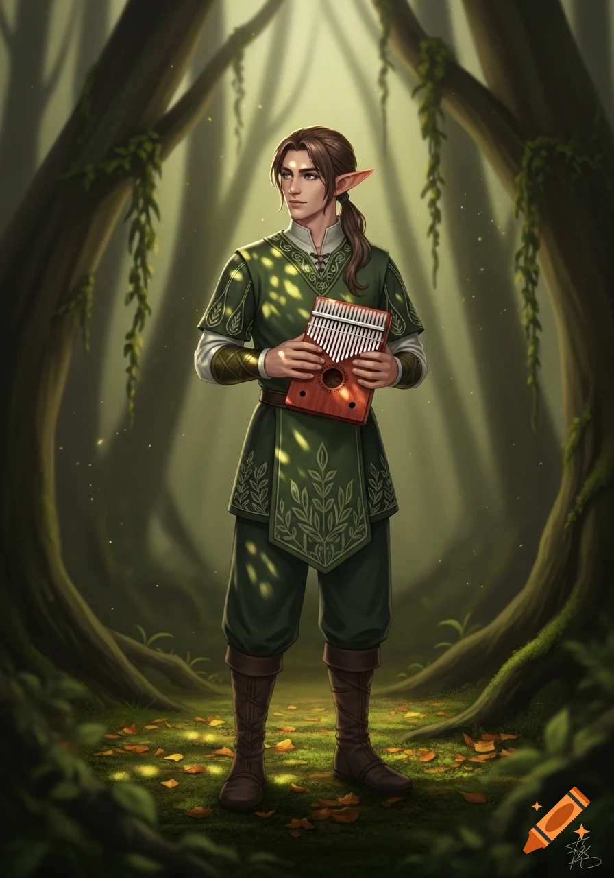 A fantasy illustration of a young elf bard with pointed ears in green, holding a kalimba in a sun-dappled forest.