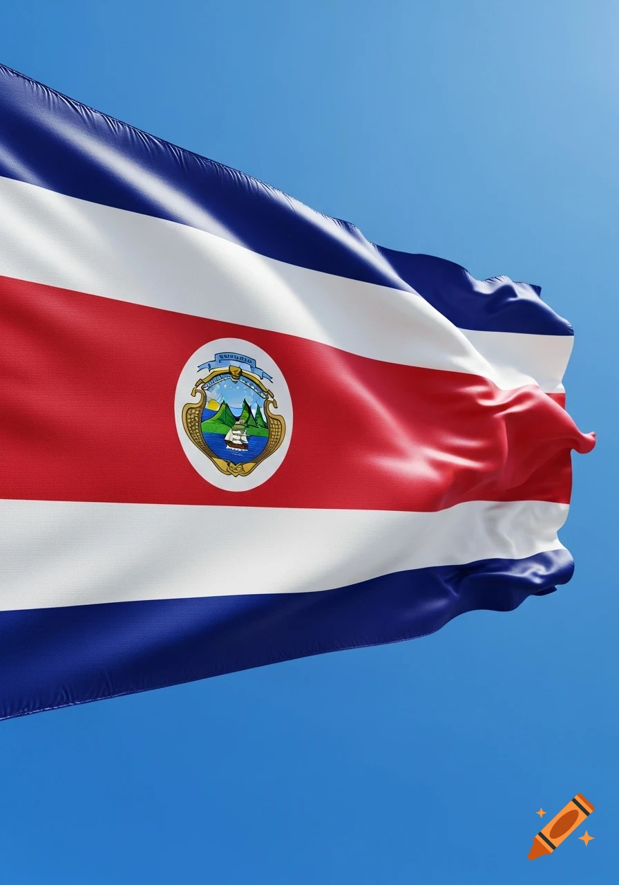 Photorealistic image of the Costa Rica flag waving against a clear blue sky, showing its blue, white, and red stripes and central coat of arms.