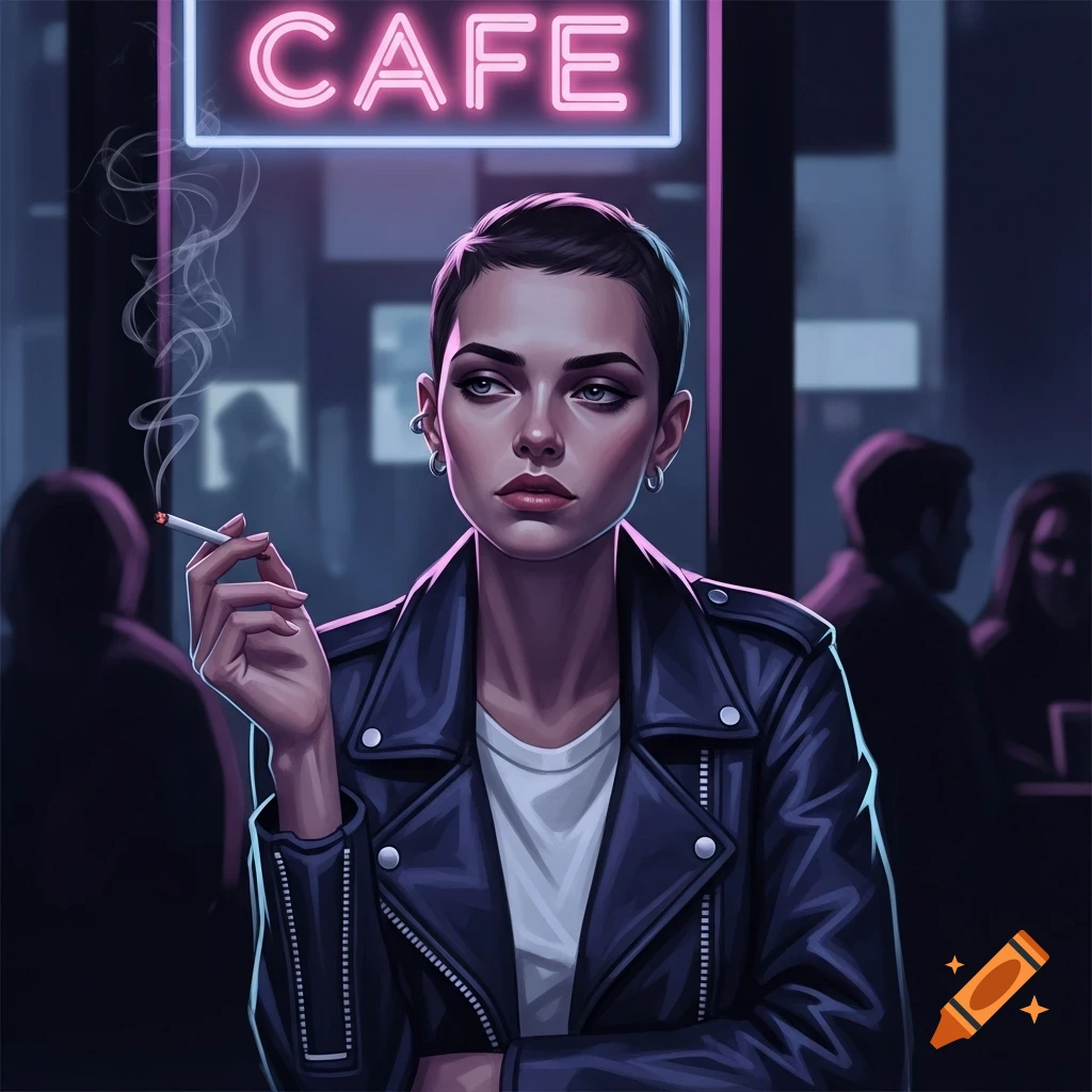 Digital art portrait of a short-haired woman in a leather jacket smoking under a neon 'CAFE' sign.