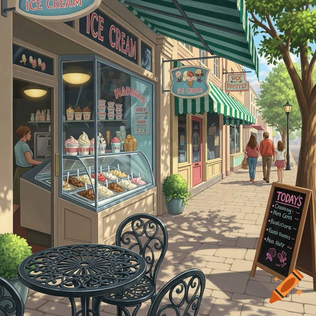 An illustration of a charming vintage ice cream shop with a green striped awning, outdoor seating, and a blackboard menu, all on a sunny cobblestone street.