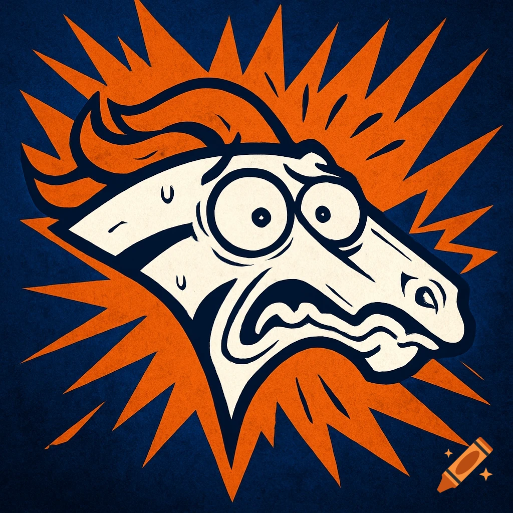 A cartoon horse head, styled like the Denver Broncos logo, with wide, scared eyes and a worried expression against an orange explosion background.