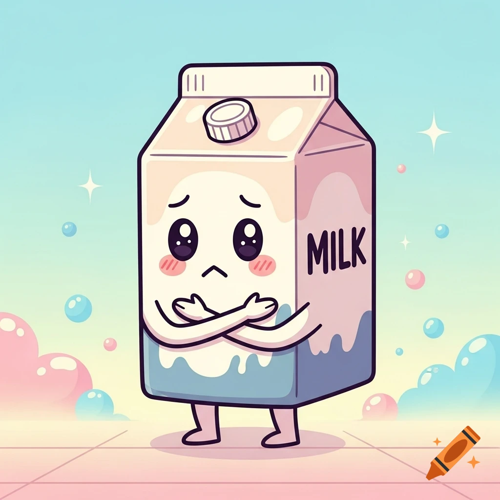 A shy, cute cartoon milk carton with big eyes, blushed cheeks, and crossed arms, standing on a pastel background.