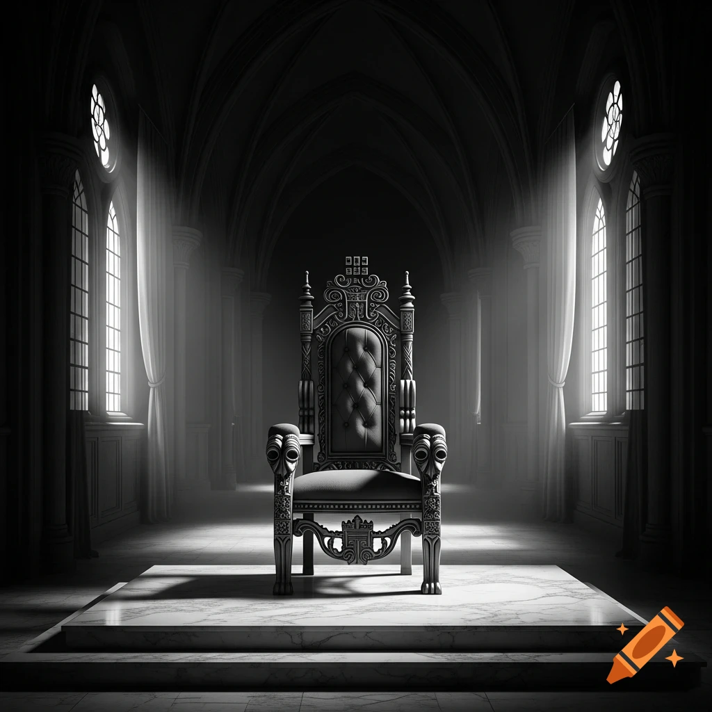 A photorealistic, black and white image of an ornate, empty throne centered in a grand, vaulted hall with tall windows.