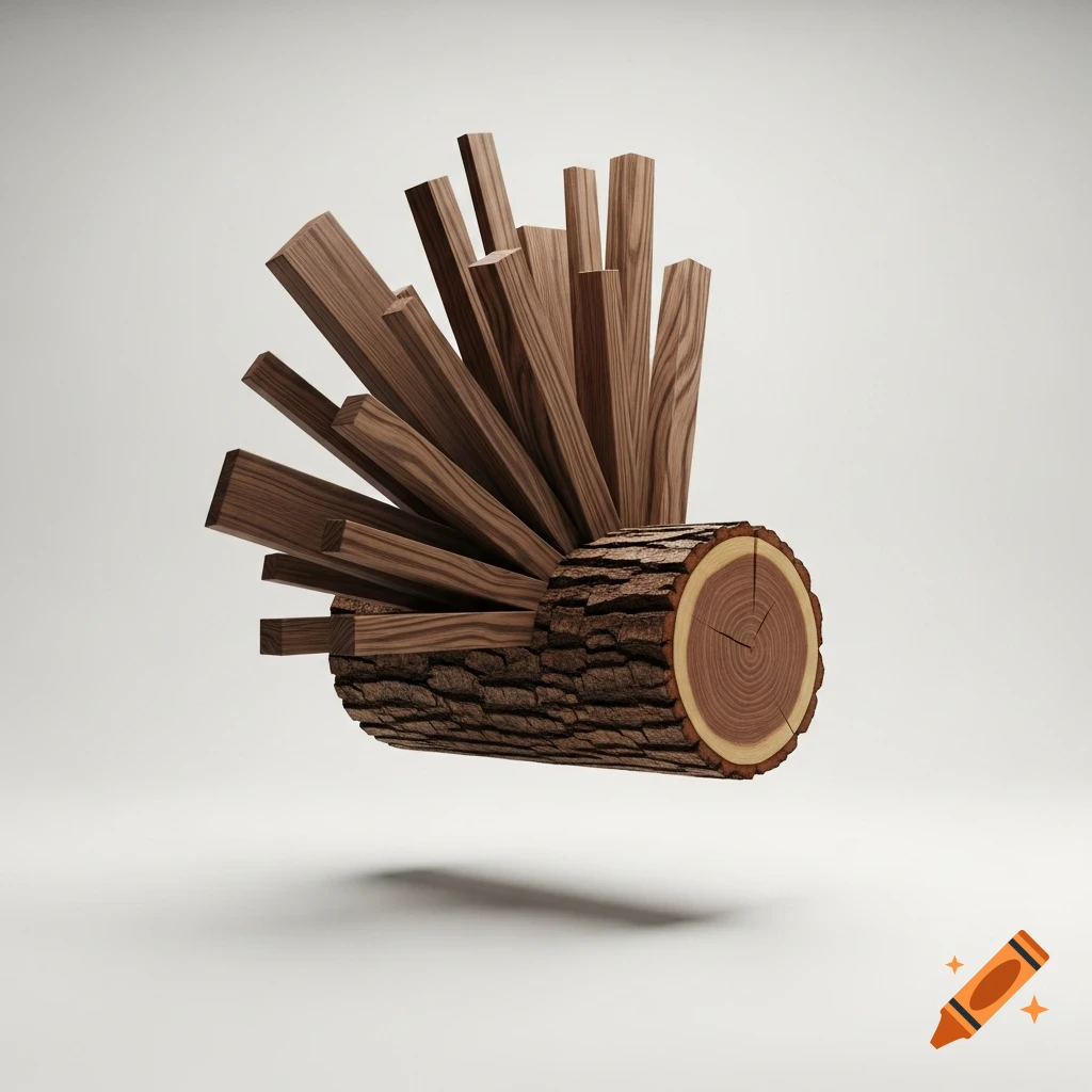 A realistic floating wooden log with multiple wooden beams and planks fanning out from one end against a white background.