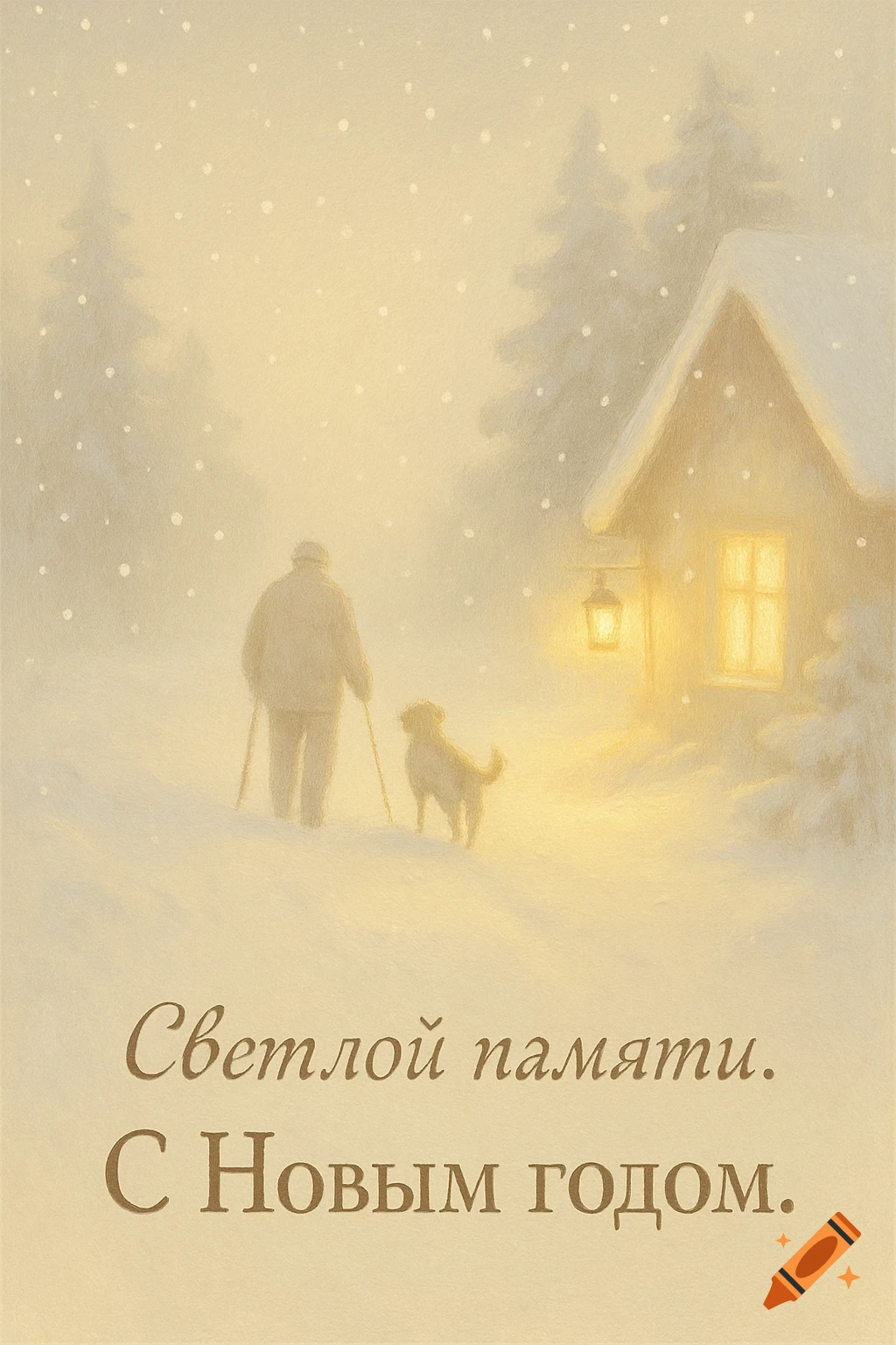 A soft, painterly winter scene with a person and a dog walking in the snow towards a glowing house, under falling snow. Text says 'In loving memory. Happy New Year.'