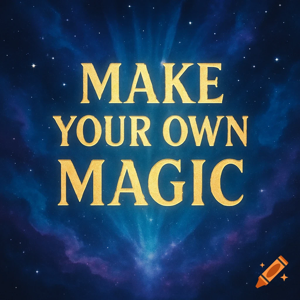 Golden text 'MAKE YOUR OWN MAGIC' against a starry blue and purple nebula background.