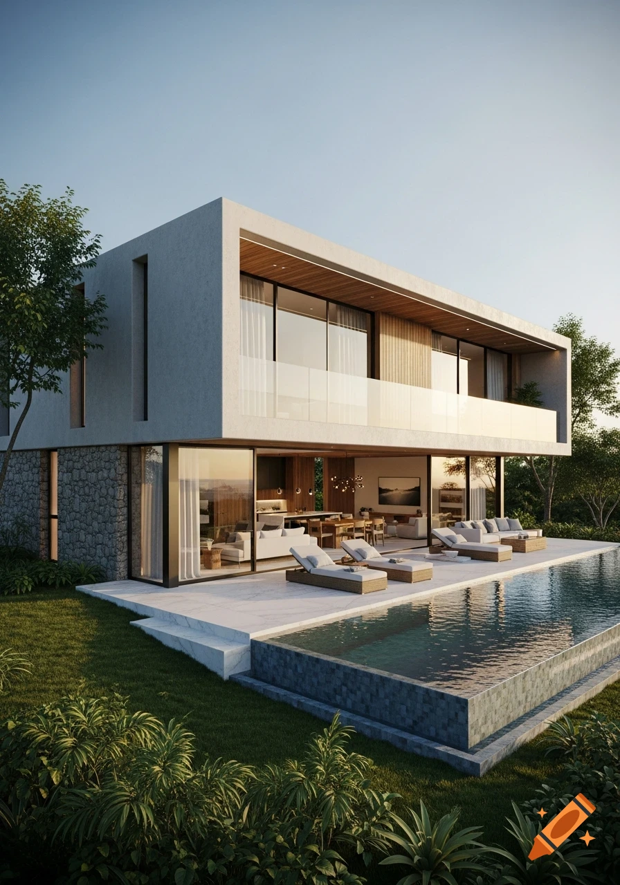 A photorealistic modern villa with glass walls, a flat roof, and stone base, beside an infinity pool surrounded by lush green landscaping.