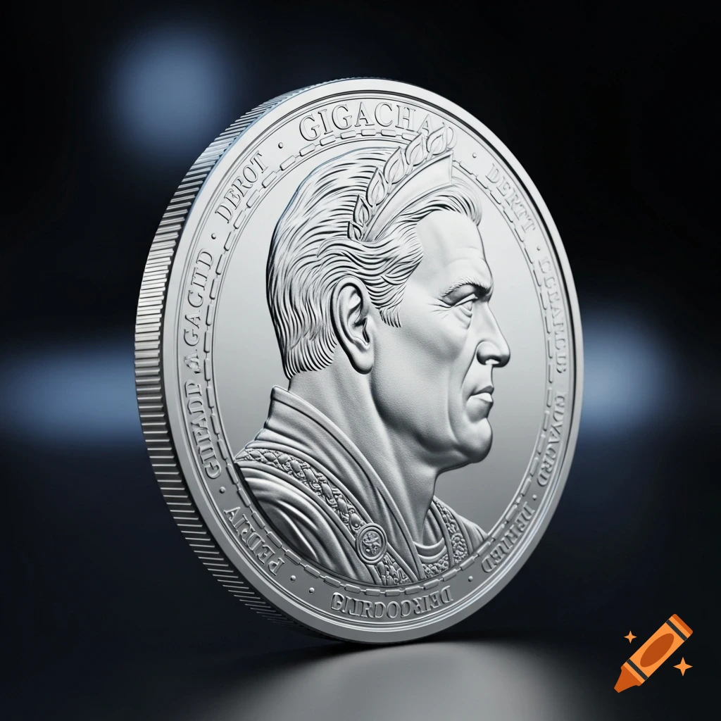 A detailed silver coin featuring a man's profile wearing a laurel wreath, with "GIGACHAD" and other text engraved around the rim, against a dark background.