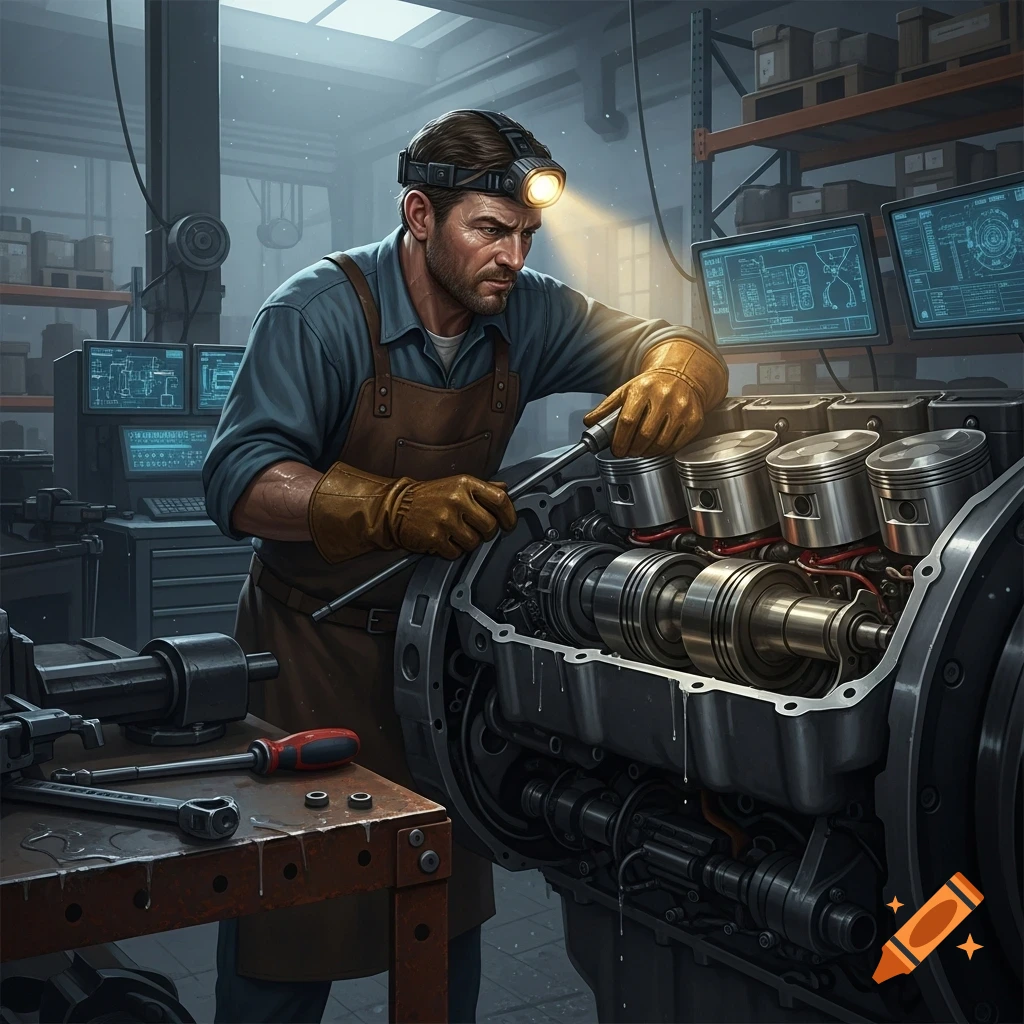 A man with a headlamp, wearing an apron and gloves, intently works on a large, disassembled engine in a detailed workshop.