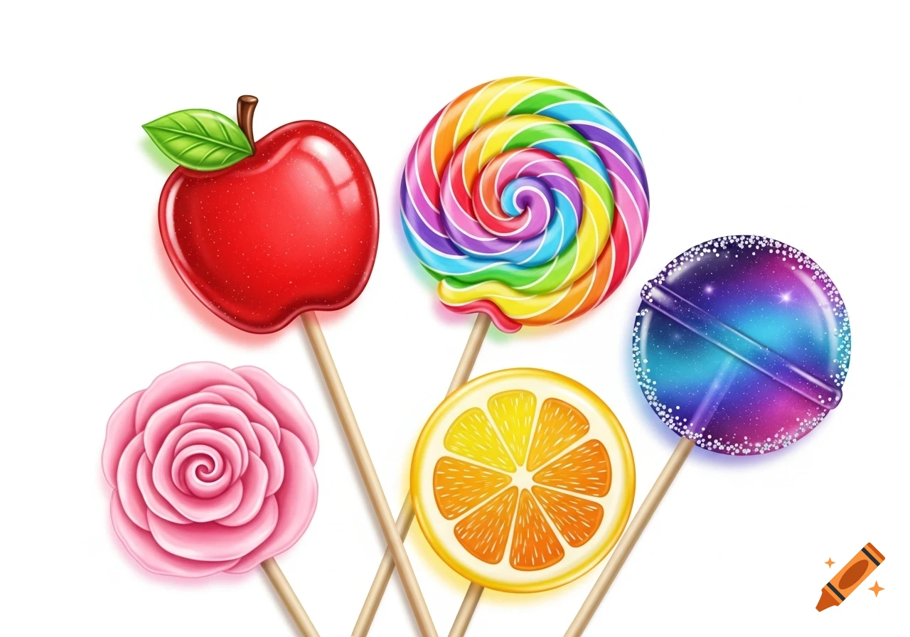 Five glossy, illustrative lollipops: a red apple, a rainbow swirl, a pink rose, an orange slice, and a galaxy design.