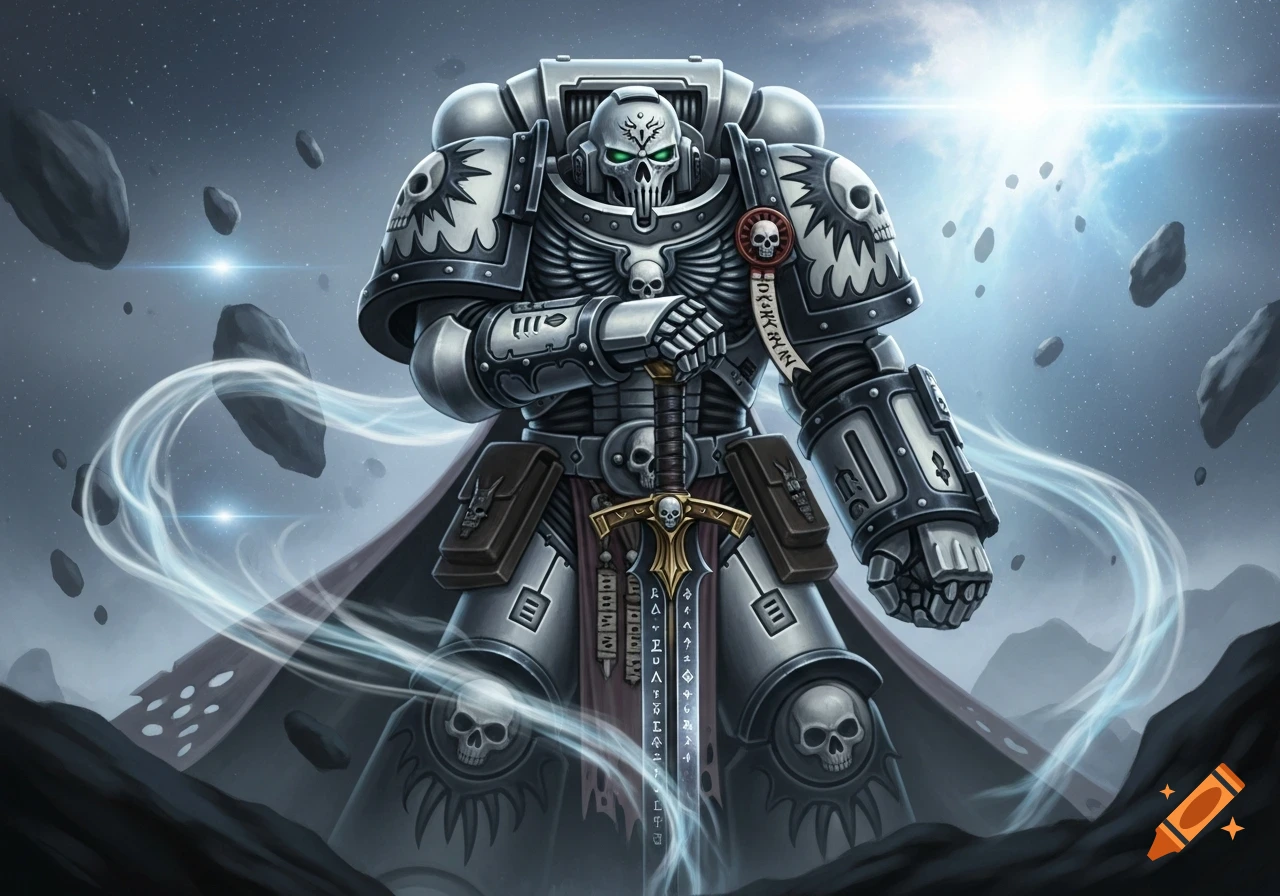 A heavily armored space marine in pale white armor with skull motifs and glowing green eyes stands holding a sword amidst floating asteroids in space.
