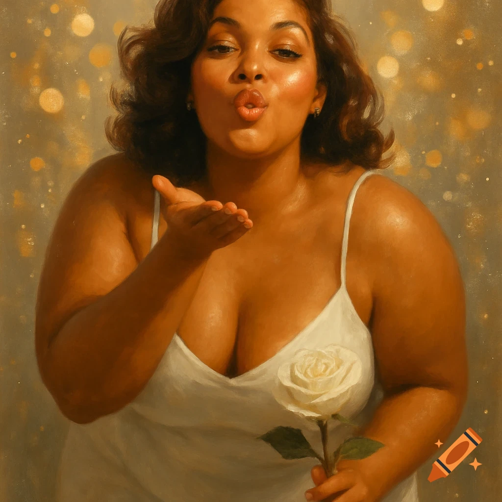 A woman in a white dress blows a kiss, holding a white rose, against a glowing, bokeh background.