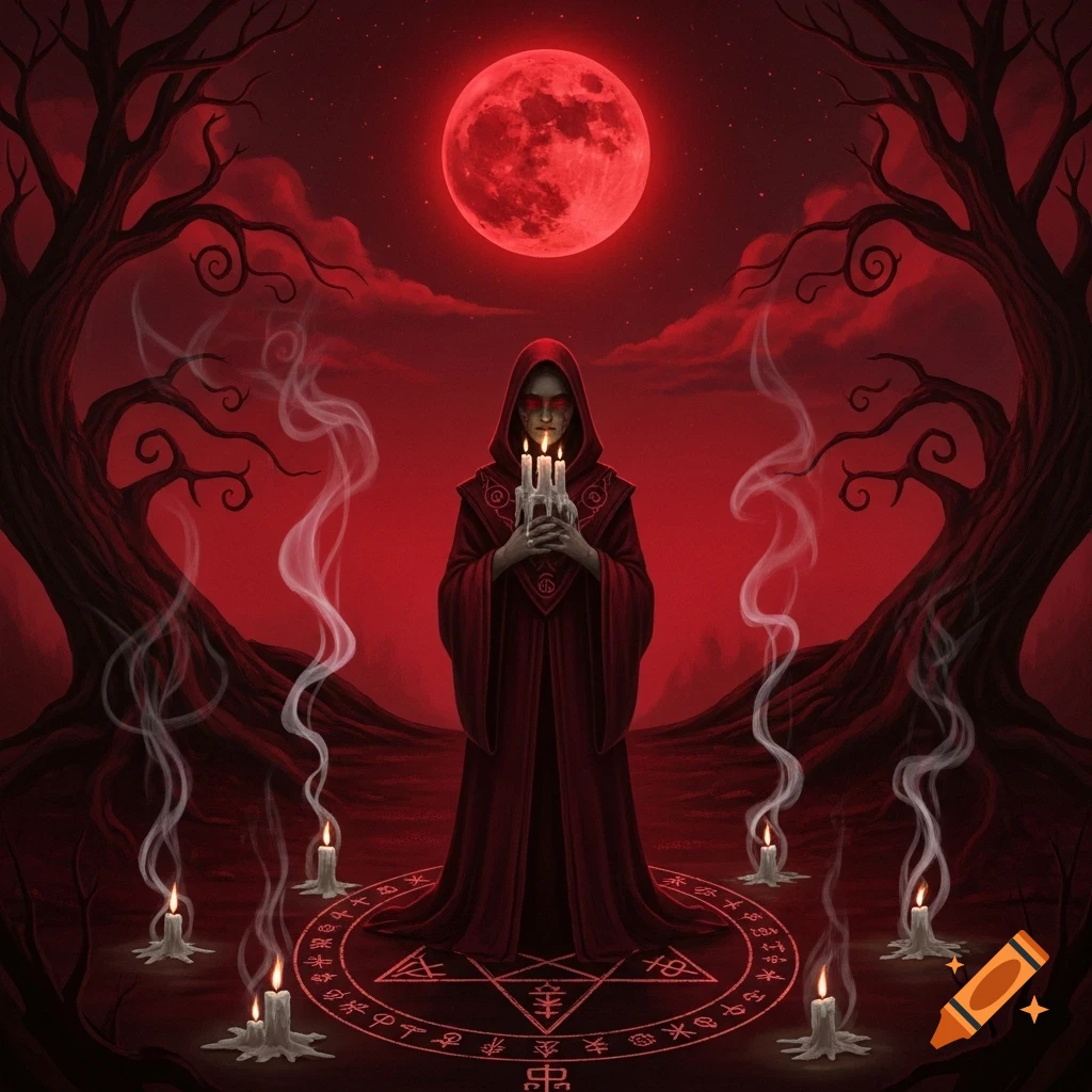 A robed figure with red glowing eyes holds candles, standing in a ritual circle under a blood-red moon, surrounded by dark trees.