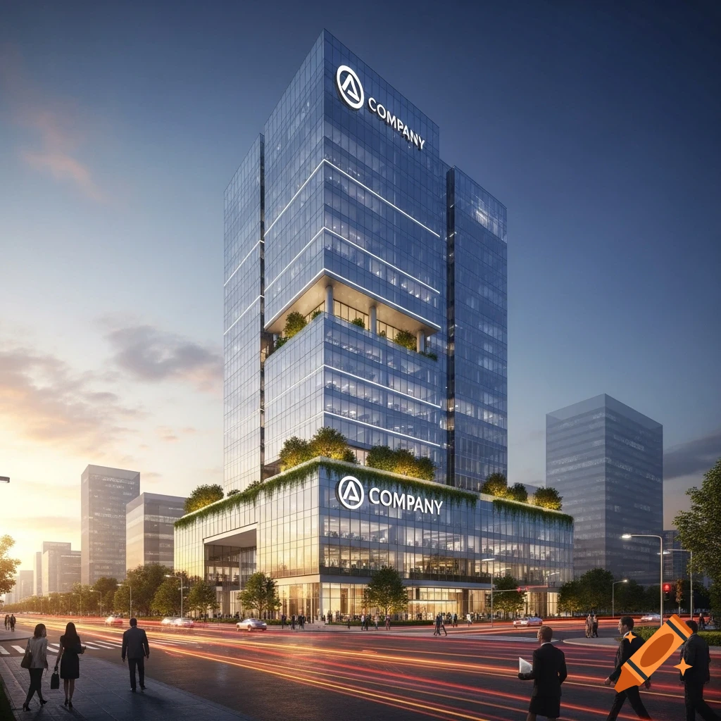 Photorealistic image of a modern glass skyscraper with 'COMPANY' signage, surrounded by a busy city street at dusk.
