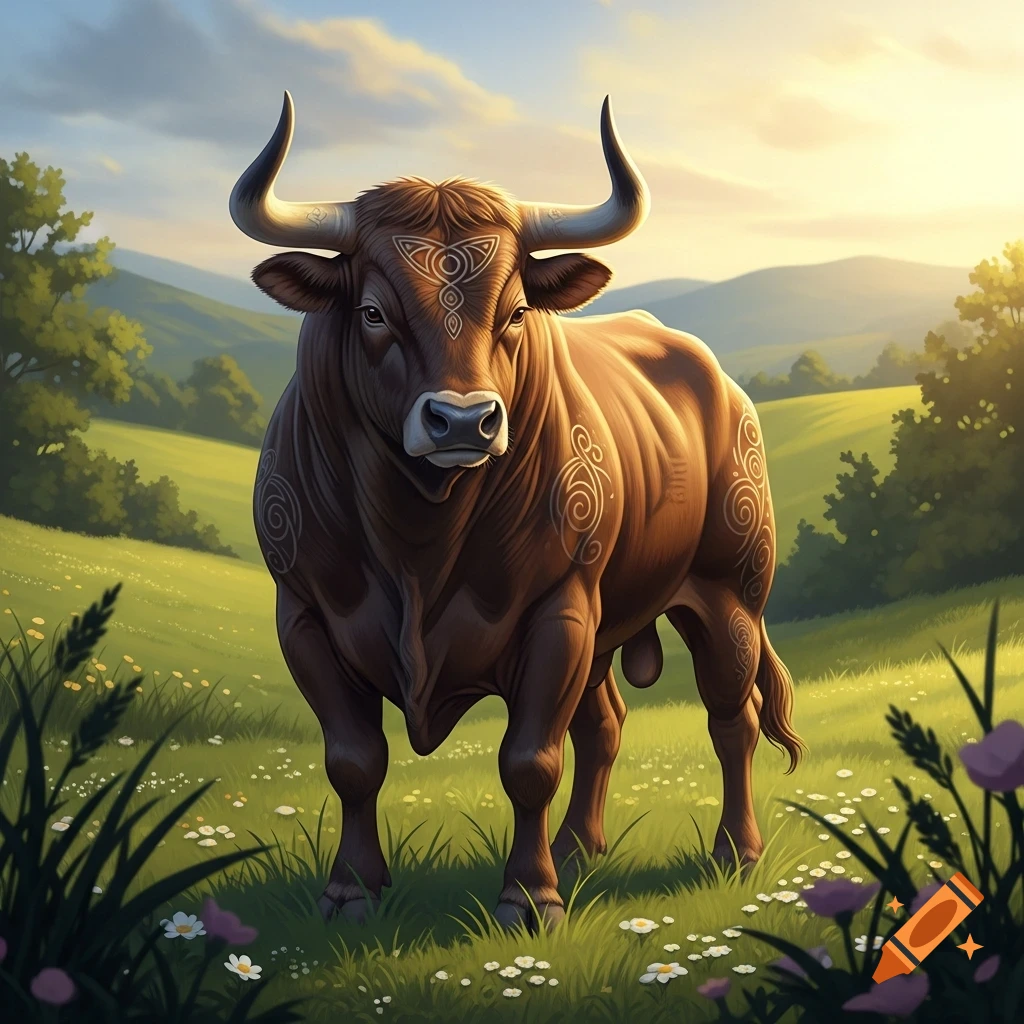 A majestic brown bull with white tribal markings stands in a sunny green meadow with flowers, depicting the Taurus zodiac sign.