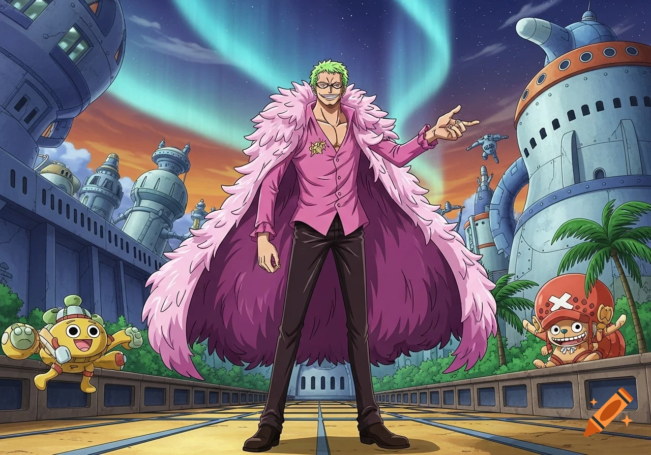 Anime character Doflamingo in a pink feathered coat stands in a futuristic city under an aurora, with other cartoon creatures.