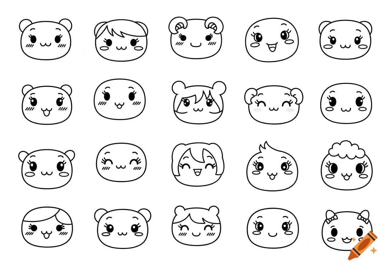 A grid of twenty black and white kawaii faces with various cute expressions, in a simple vector art style.