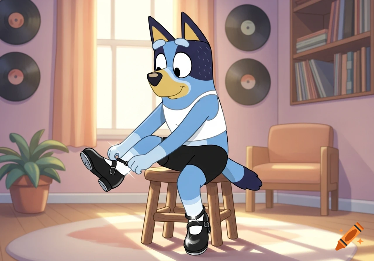 Bluey Heeler, a blue anthropomorphic dog, sits on a stool, buckling black Mary Jane tap shoes. She wears a white tank top and black shorts in a 2D animated style.