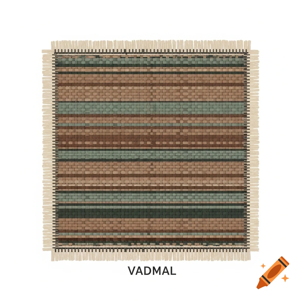 A square vector illustration of a woven vadmal textile pattern in brown, green, and beige stripes, with fringe.
