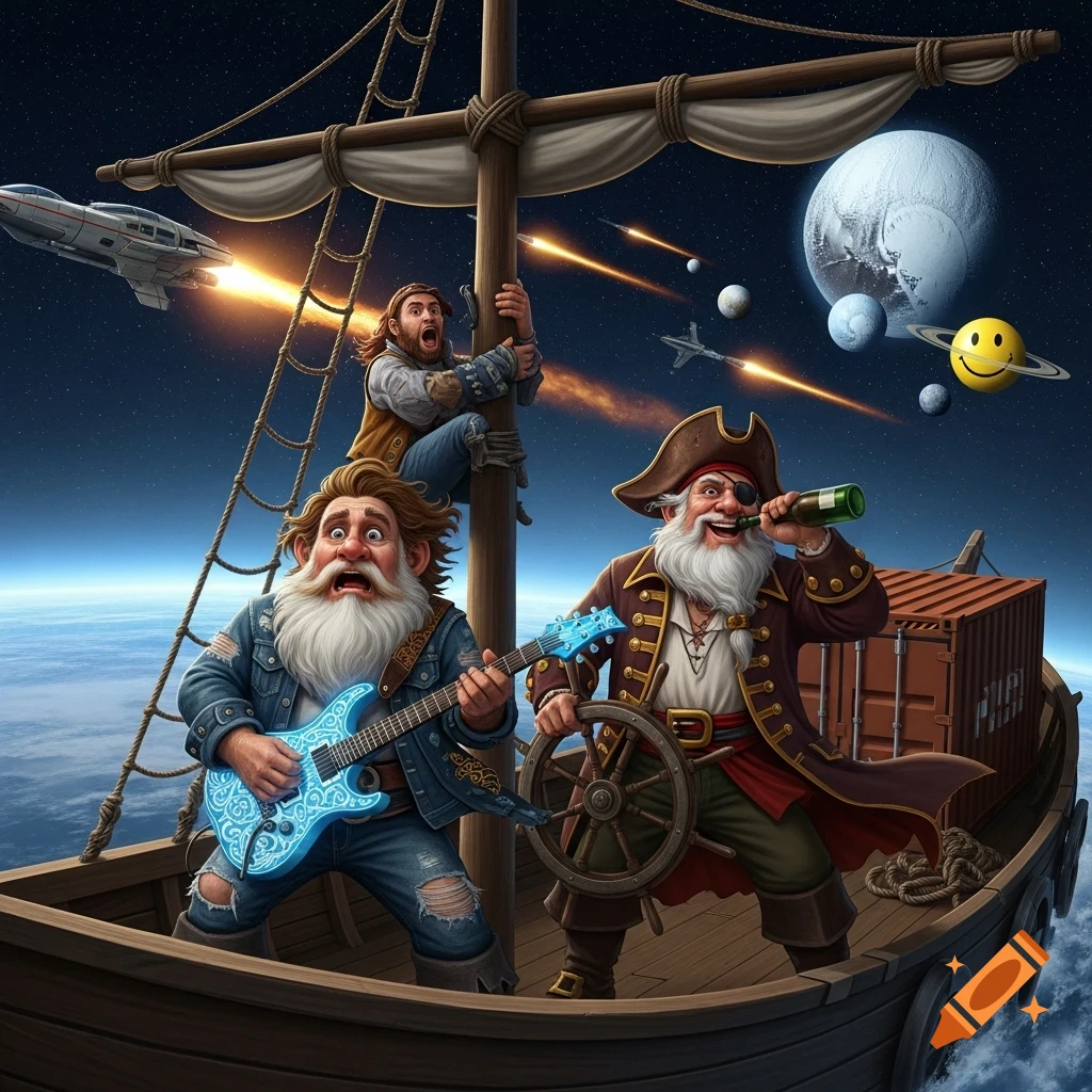 A cartoonish wooden pirate ship flies through space with three men aboard. One dwarf plays a glowing blue guitar, another man clings to the mast, and a pirate drinks from a bottle while steering. Spaceships fire missiles at planets in the background, one of which is a smiley face.