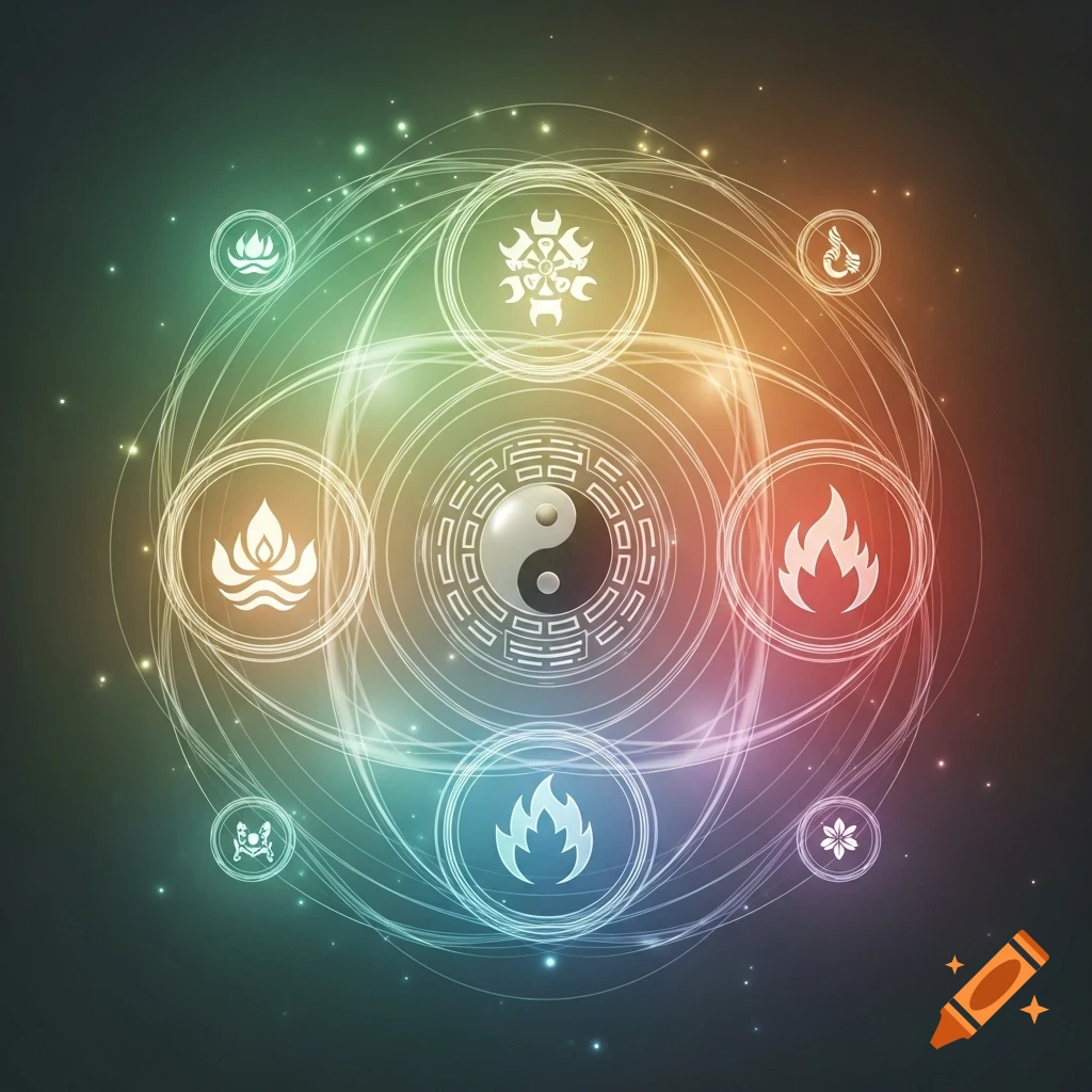 A central glowing Yin-Yang symbol surrounded by various elemental and abstract symbols within concentric light rings.