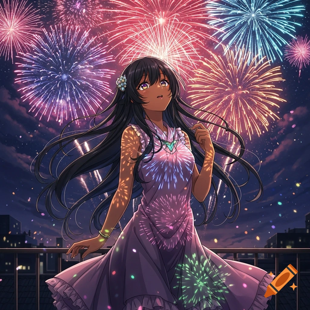 Brown skin anime girl with long hair watches colorful fireworks from a city balcony at night.