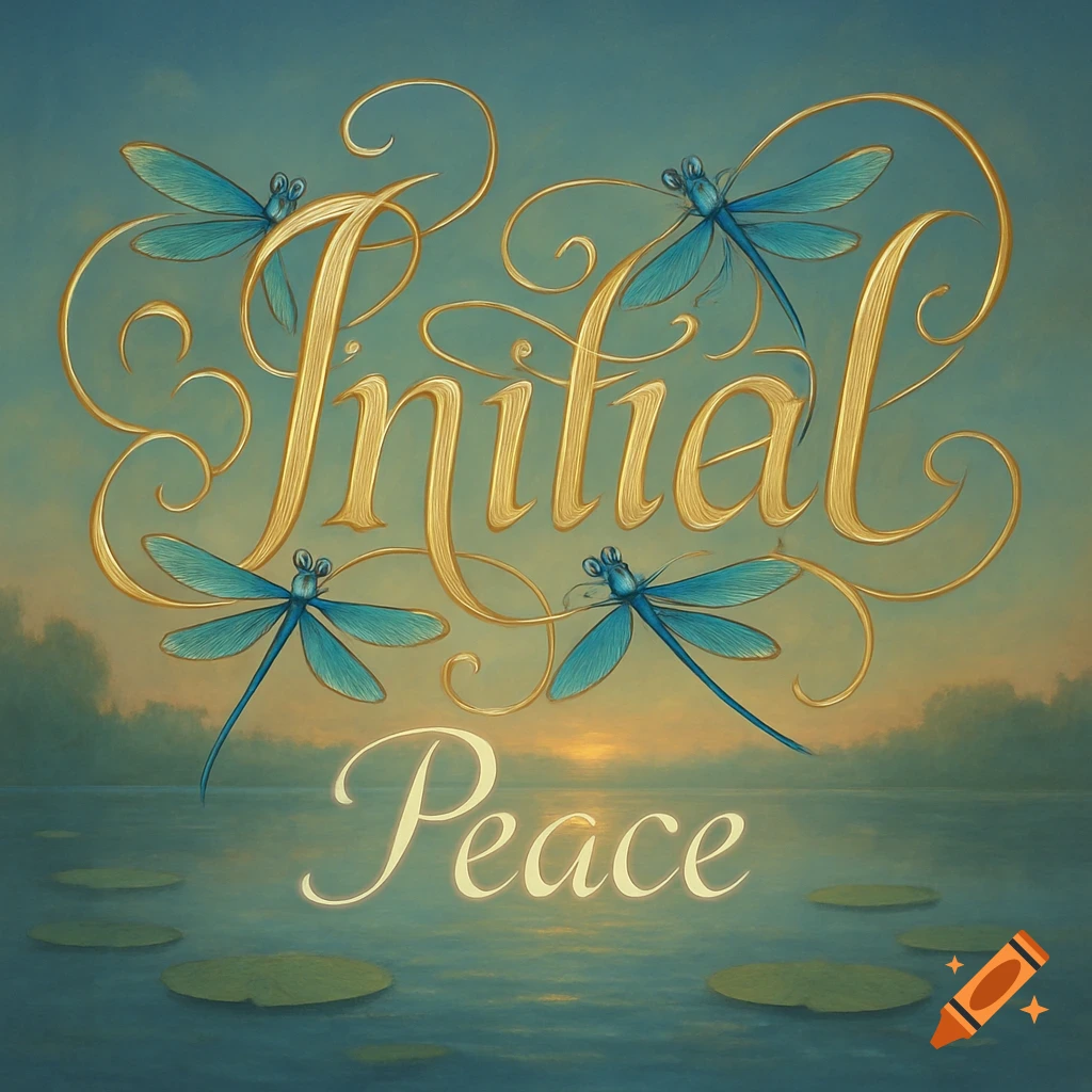Golden calligraphic text "Initial" and "Peace" with blue dragonflies over a tranquil lake at sunset.