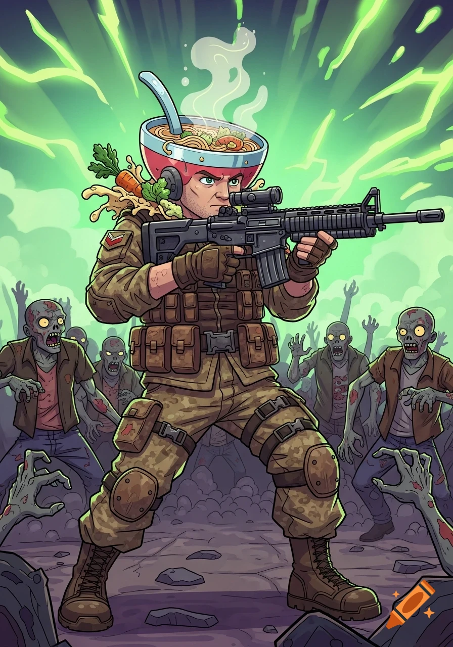 Cartoon soldier with a soup bowl on his head holding an assault rifle, fighting a horde of zombies amidst a green glowing mist.