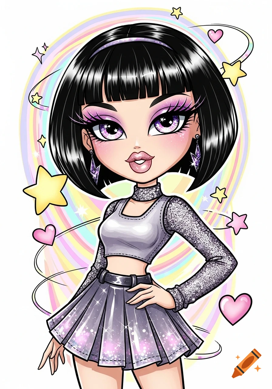 A stylized manga-style doll with black bob hair, purple eyeshadow, and a glittery grey crop top and pleated skirt, surrounded by stars and hearts.