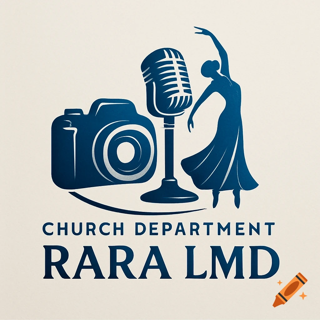 Blue logo for 'CHURCH DEPARTMENT RARA LMD' featuring a camera, microphone, and a dancing woman silhouette.