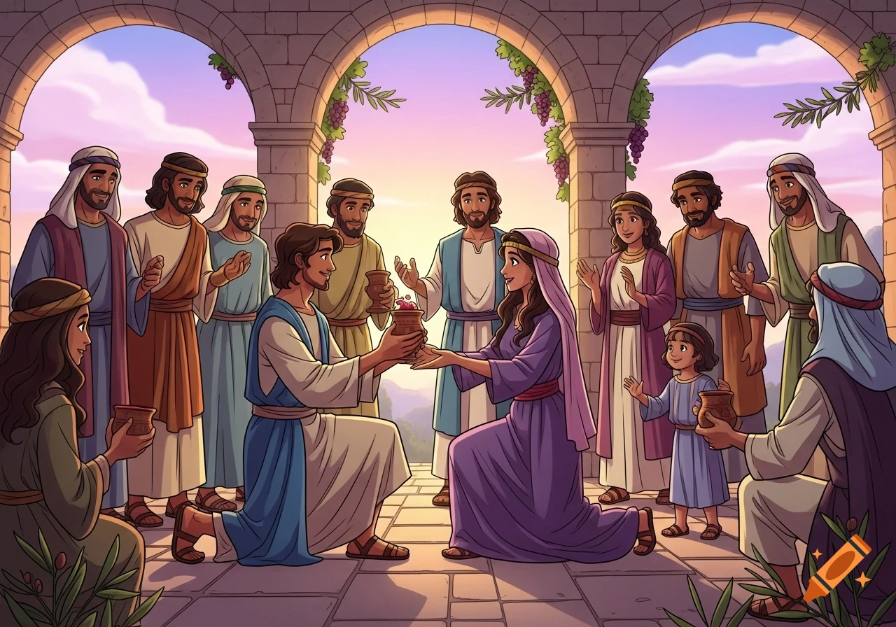 A cartoon depiction of a man proposing to a woman with a cup under stone arches, surrounded by family at sunset.