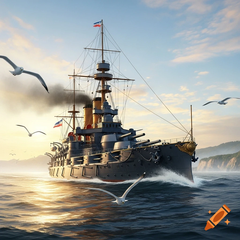 Photorealistic battleship on a sunlit sea at sunset, with seagulls flying around it.