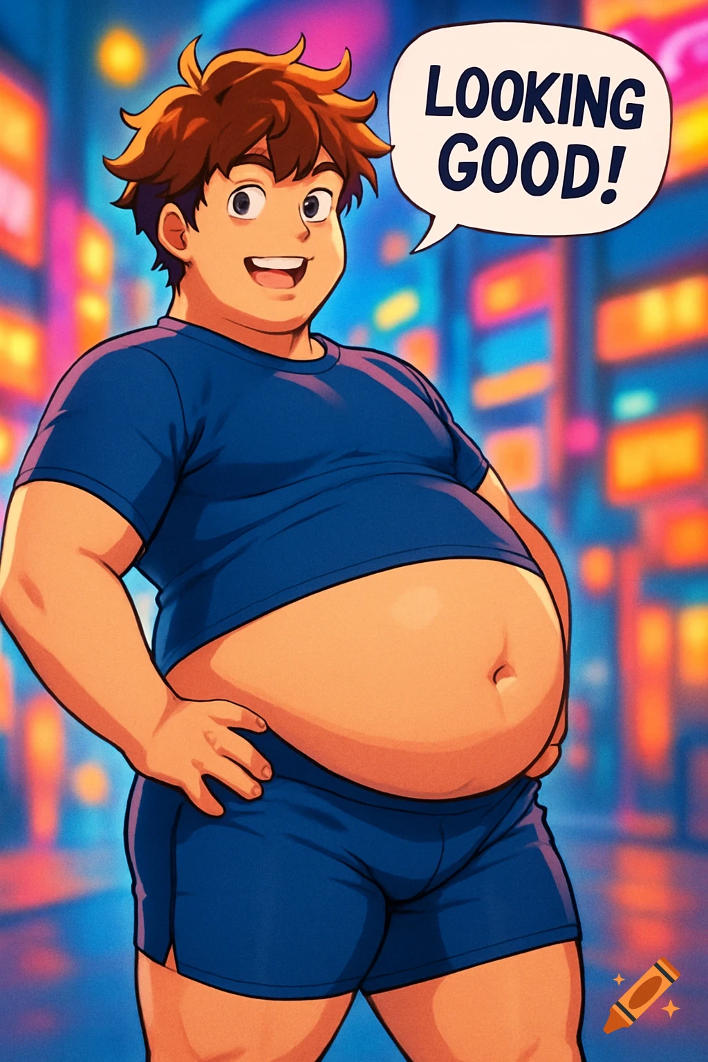 A smiling, plump anime man with fluffy brown hair, wearing a blue shirt and shorts, holds his prominent belly with a speech bubble saying 'LOOKING GOOD!' against a blurry neon city.