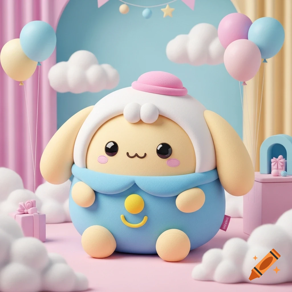 A cute Cinnamoroll-style plushie with a light yellow face, blue body, and pink hat, sits in a pastel room with balloons and clouds.