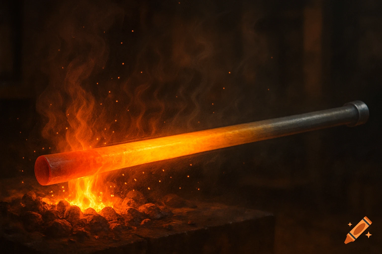 A glowing orange metal bar is heated over bright coals in a forge, with heat haze and sparks rising.